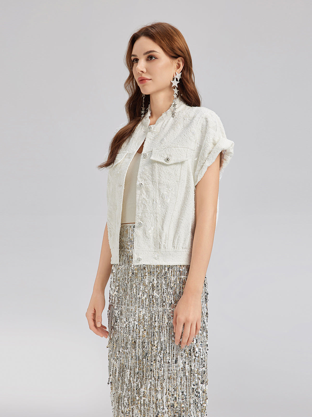 Sequin Soft Denim Stand-Collar Vest