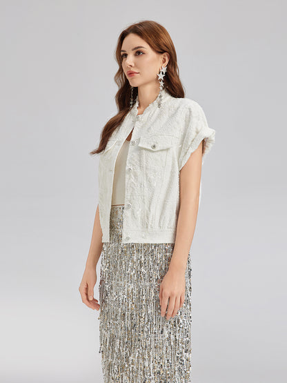 Sequin Soft Denim Stand-Collar Vest