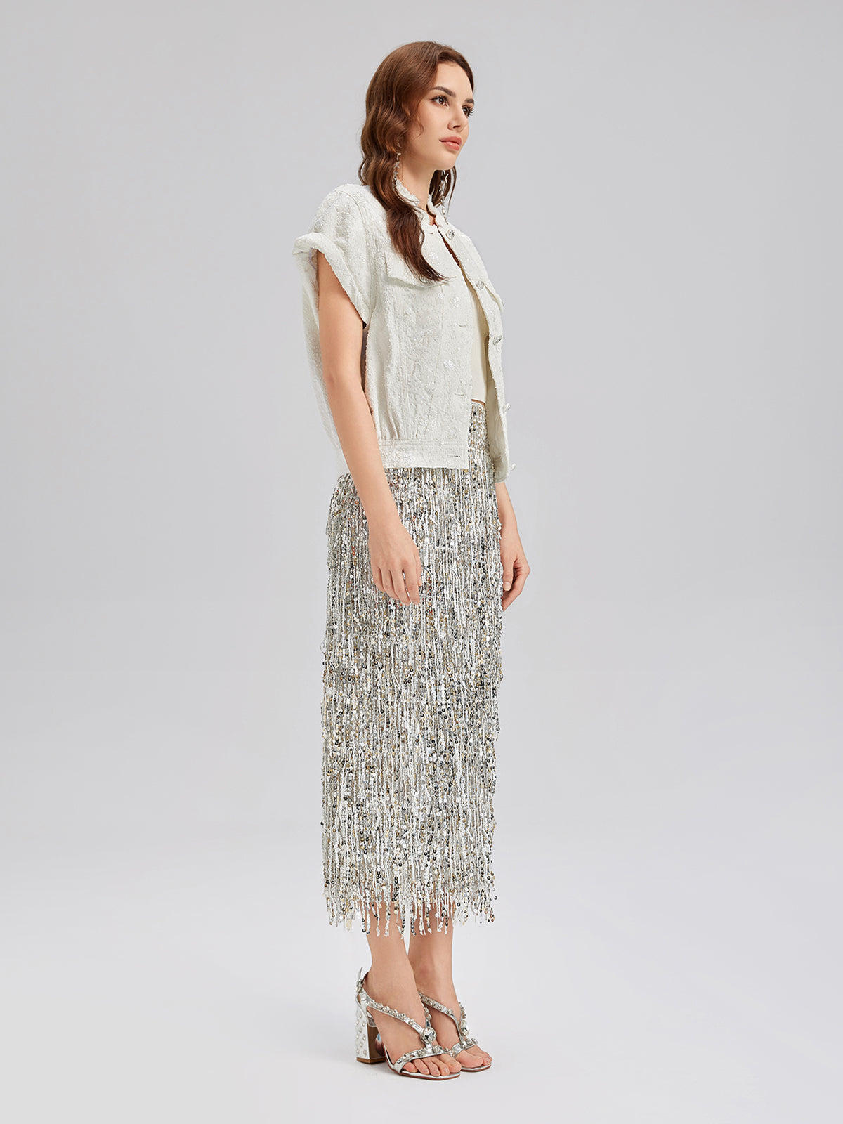 Sequin Soft Denim Stand-Collar Vest