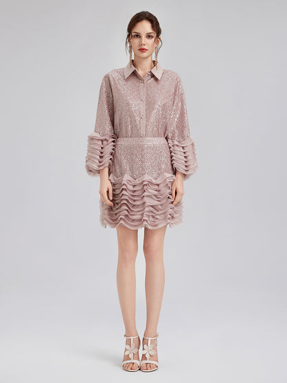 Luxe Ruffled Sequin Pleated Mini Skirt