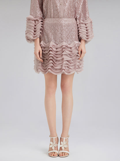 Luxe Ruffled Sequin Pleated Mini Skirt