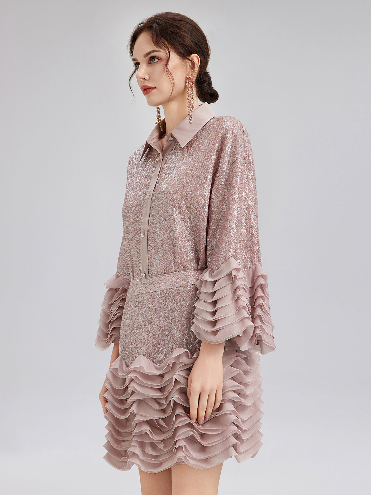 Luxe Ruffled Sequin Pleated Shirt