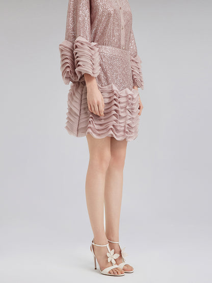 Luxe Ruffled Sequin Pleated Mini Skirt