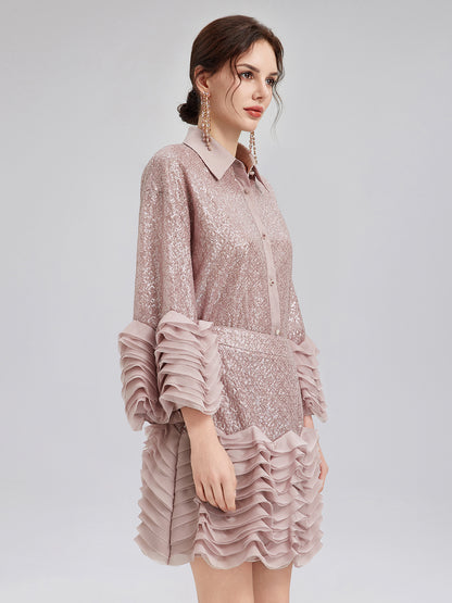 Luxe Ruffled Sequin Pleated Shirt