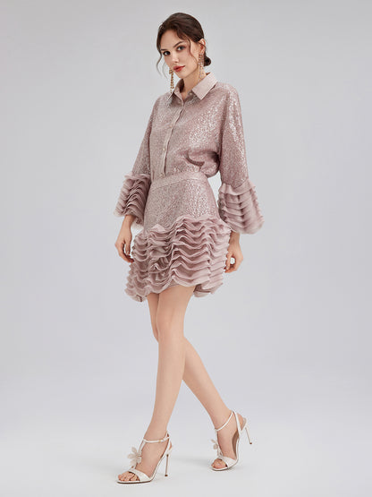 Luxe Ruffled Sequin Pleated Mini Skirt
