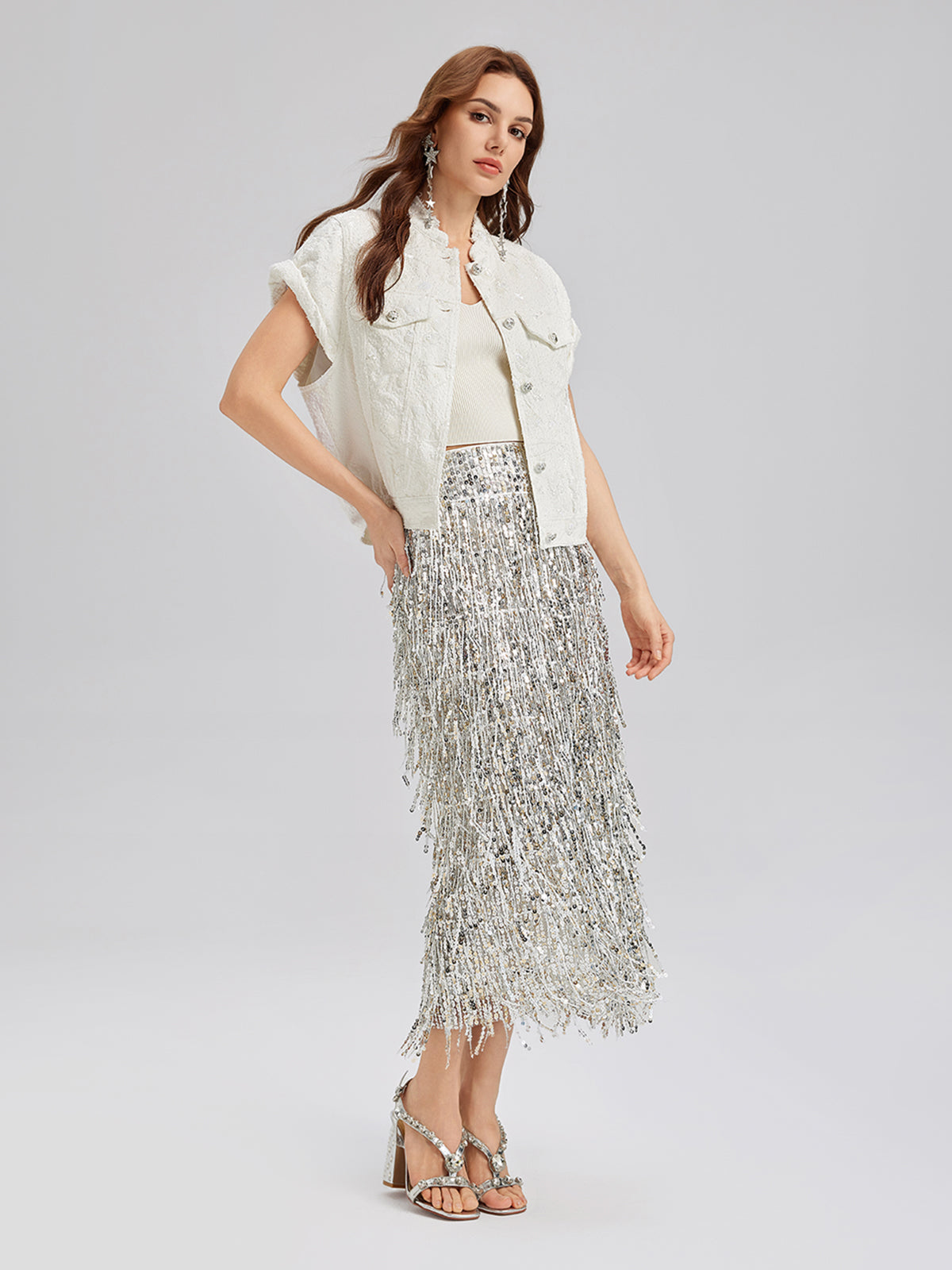 Sequin Soft Denim Stand-Collar Vest