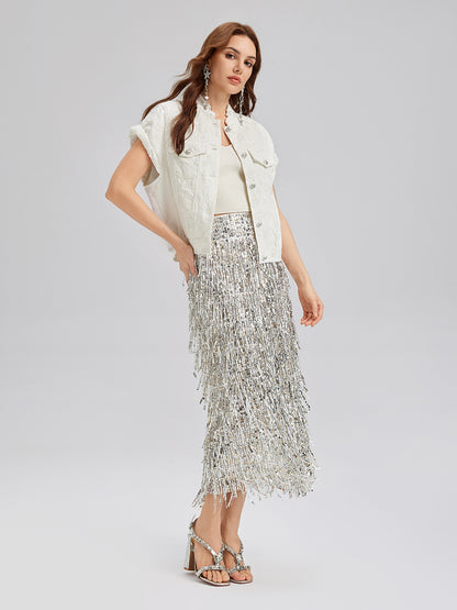 Sequin Soft Denim Stand-Collar Vest