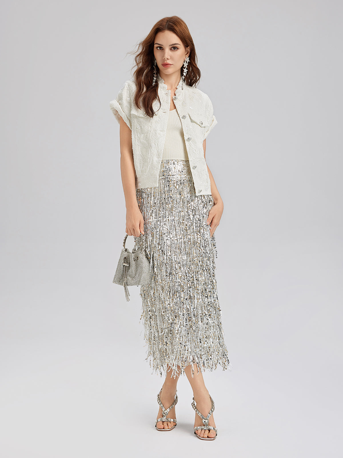 Sequin Soft Denim Stand-Collar Vest
