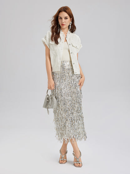 Sequin Soft Denim Stand-Collar Vest