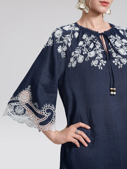 Ramie Floral Embroidered Cutwork Dress