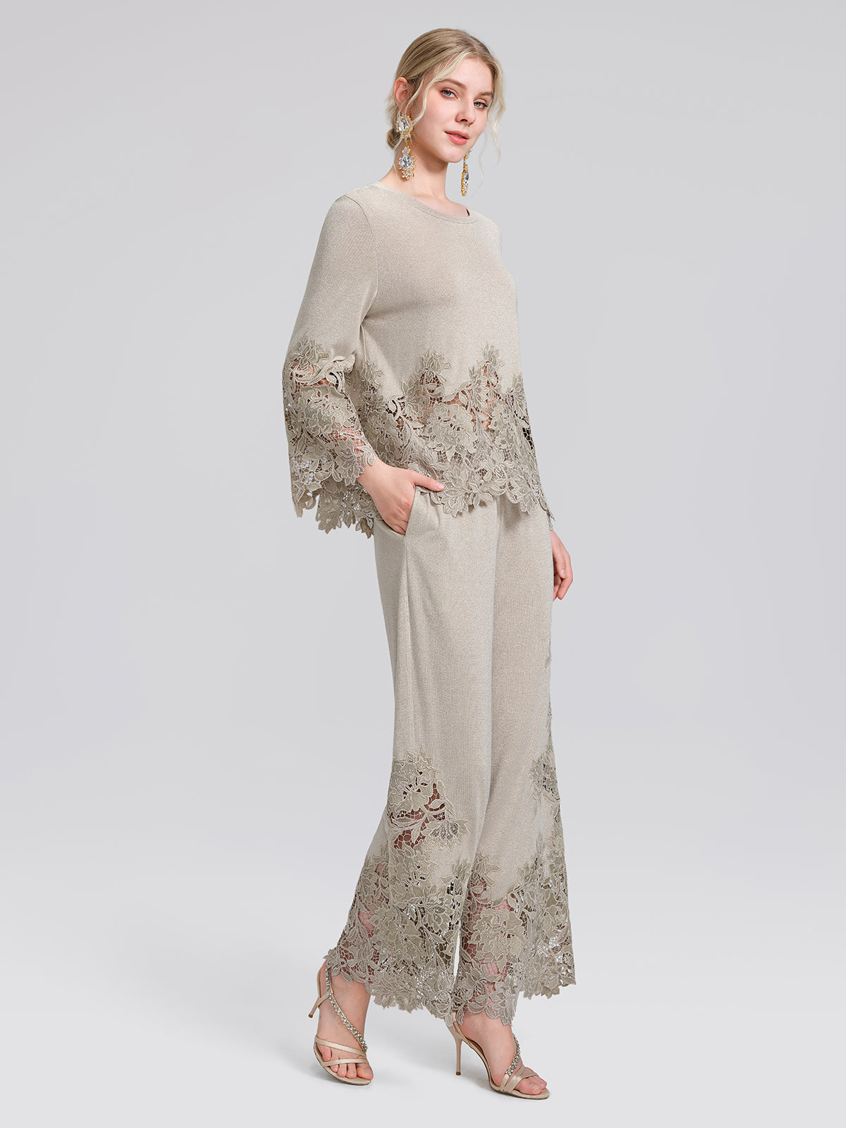 Metallic Knit Cut-Out Lace Trim Blouse