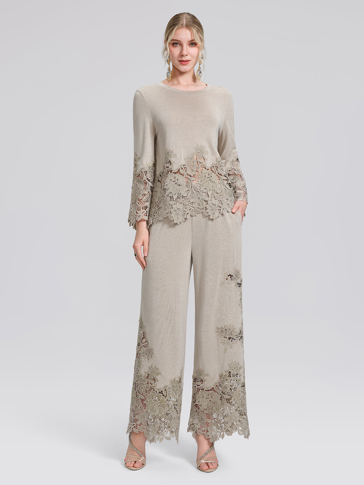 Metallic Knit Cut-Out Lace Trim Blouse