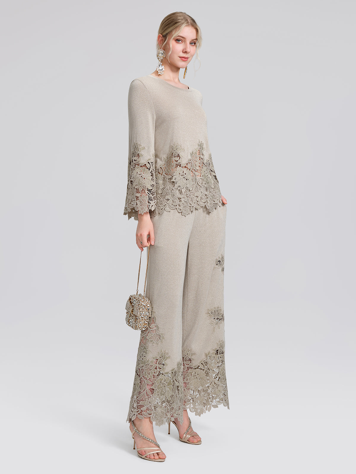 Metallic Knit Lace Trim Elastic-Waist Pants