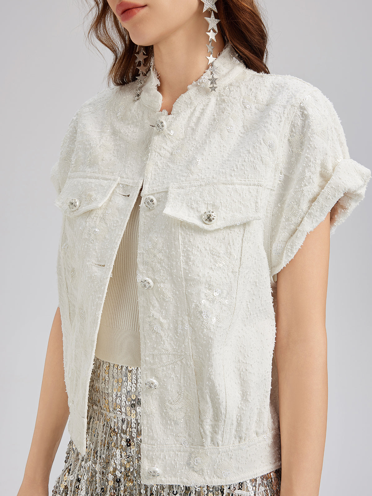 Sequin Soft Denim Stand-Collar Vest