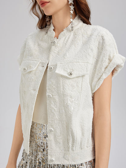 Sequin Soft Denim Stand-Collar Vest