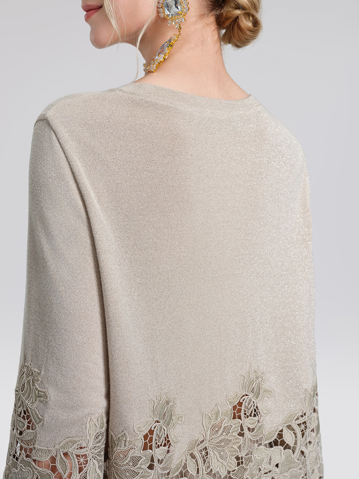 Metallic Knit Cut-Out Lace Trim Blouse