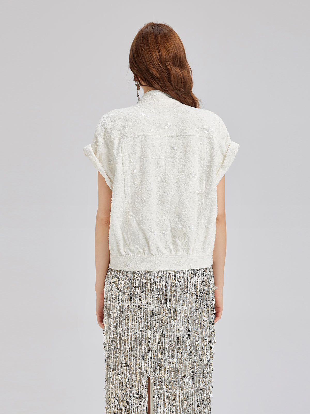Sequin Soft Denim Stand-Collar Vest