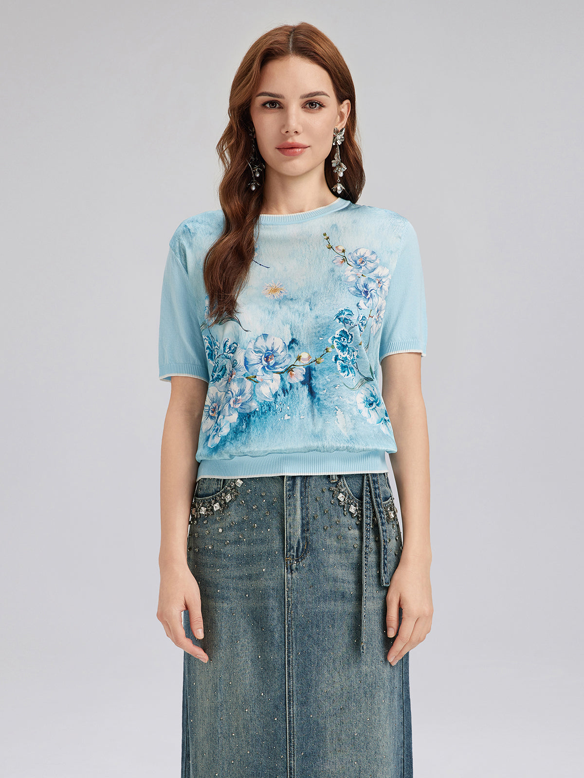 Silk Floral Knit Crew T-Shirt