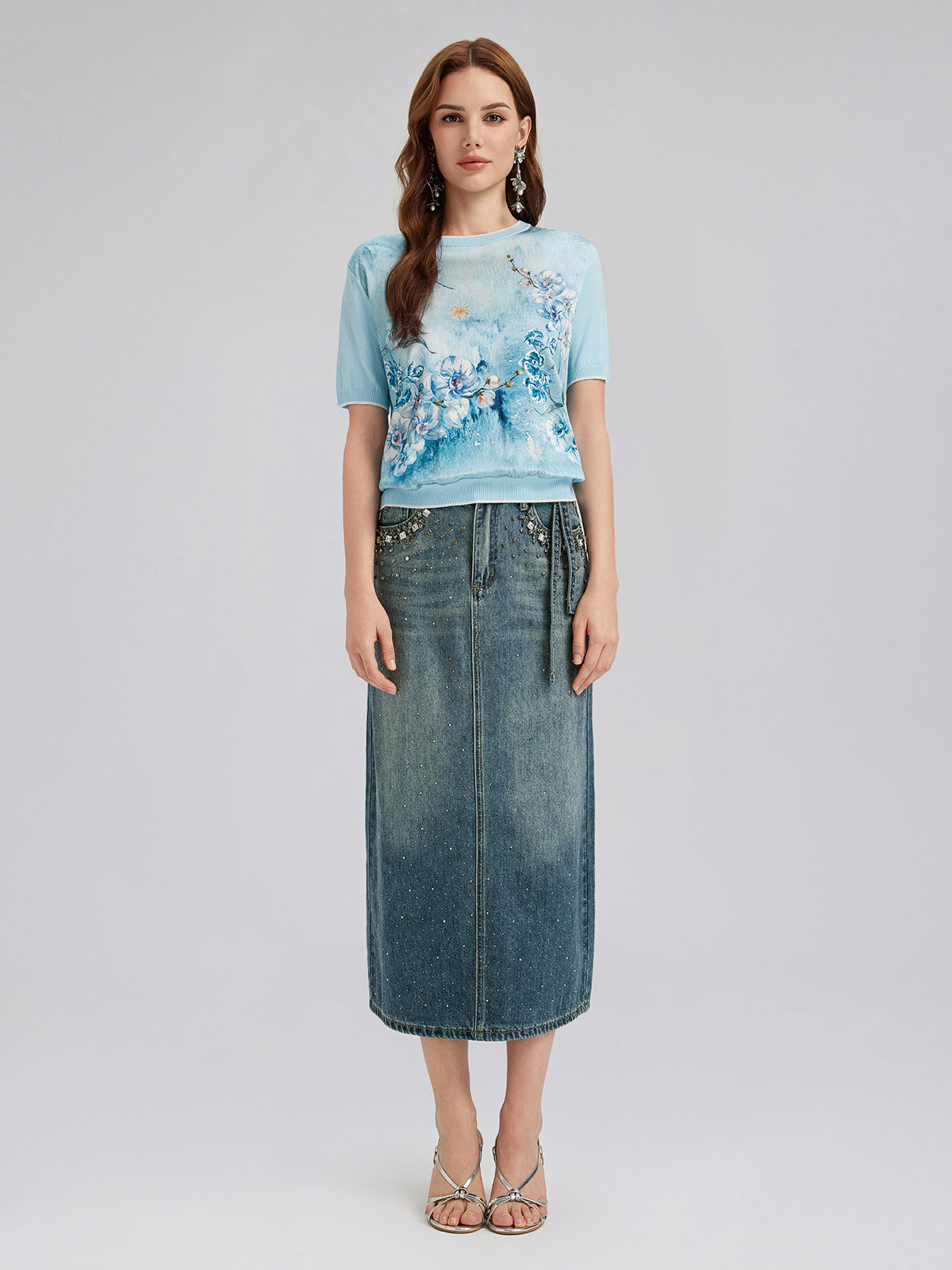 Silk Floral Knit Crew T-Shirt