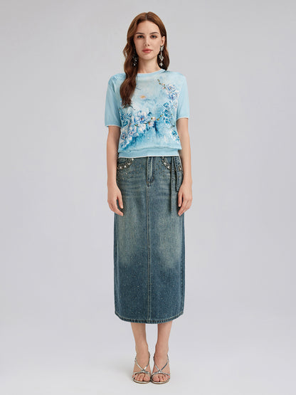 Silk Floral Knit Crew T-Shirt