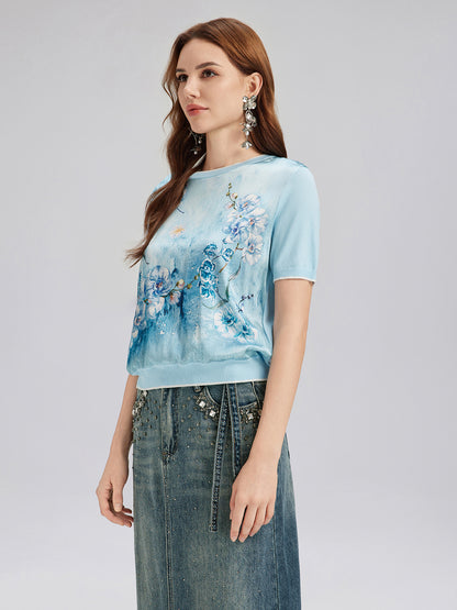 Silk Floral Knit Crew T-Shirt
