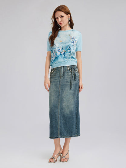 Silk Floral Knit Crew T-Shirt