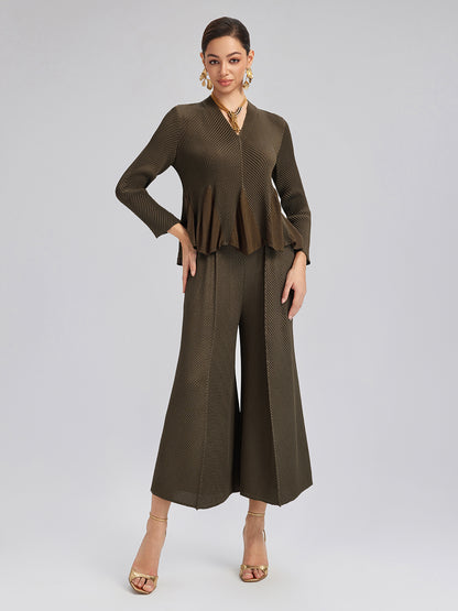 Pleated-Texture Elastic-Waist Wide-Leg Pants
