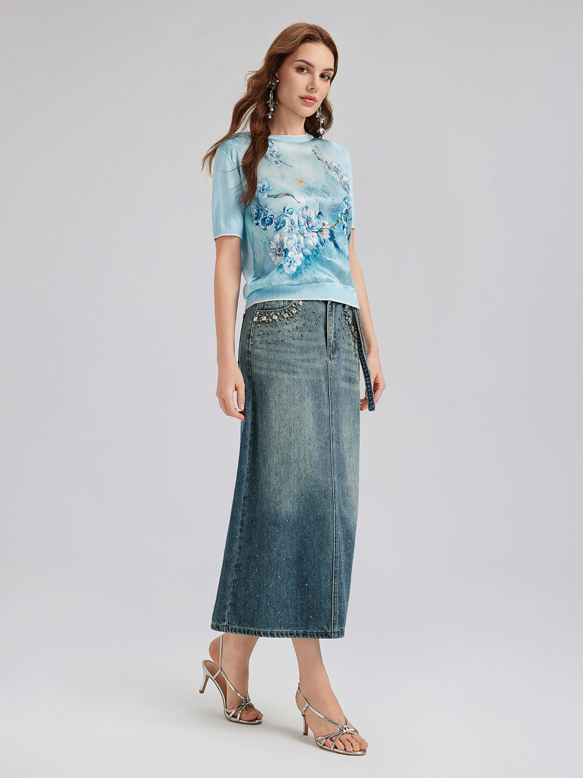 Hand-Beaded Rhinestone Waist Denim Skirt