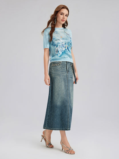 Hand-Beaded Rhinestone Waist Denim Skirt