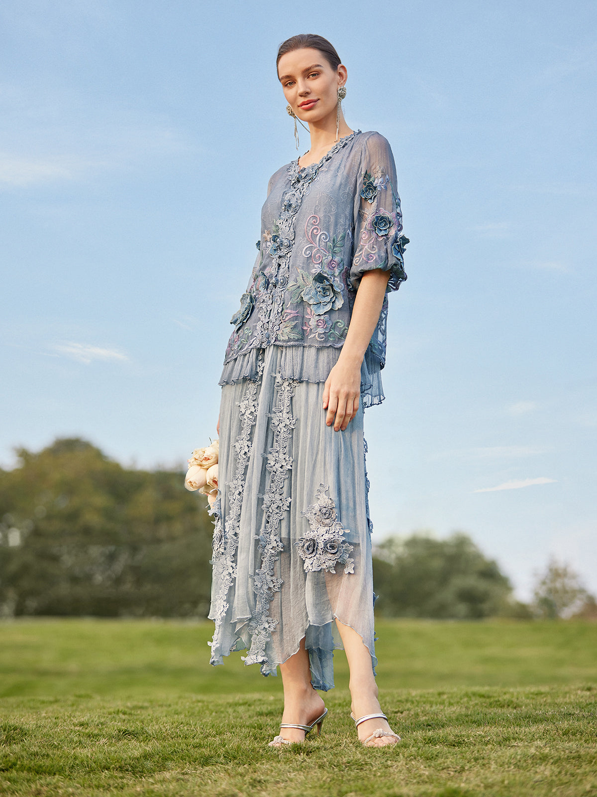 Handcrafted 3D Floral Silk Skirt