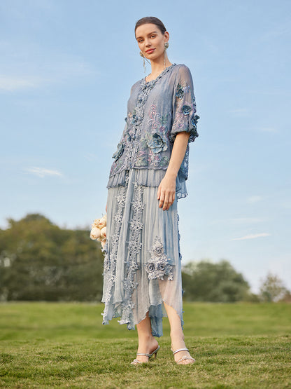Handcrafted 3D Floral Silk Skirt