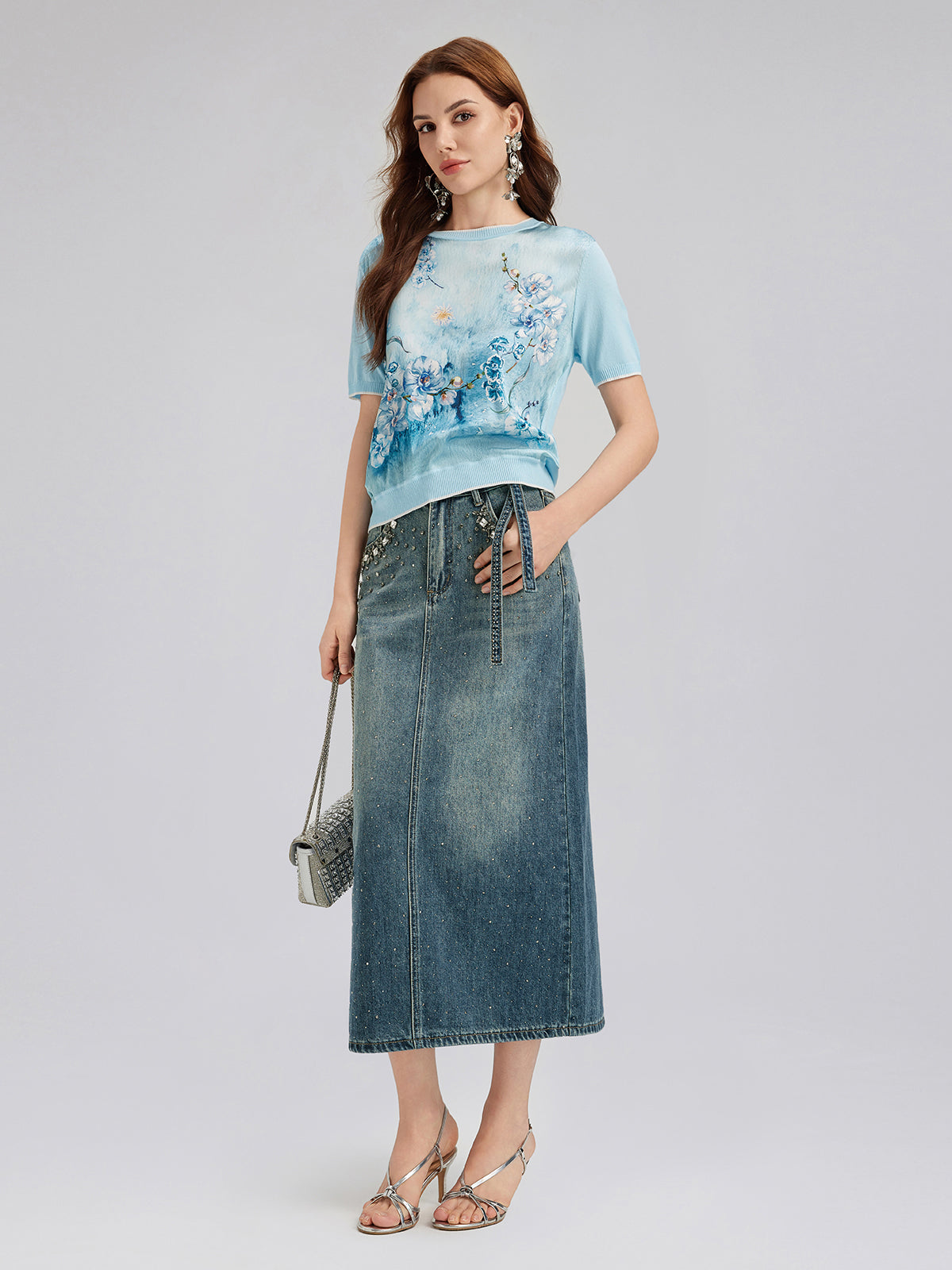 Hand-Beaded Rhinestone Waist Denim Skirt