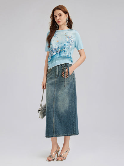 Hand-Beaded Rhinestone Waist Denim Skirt
