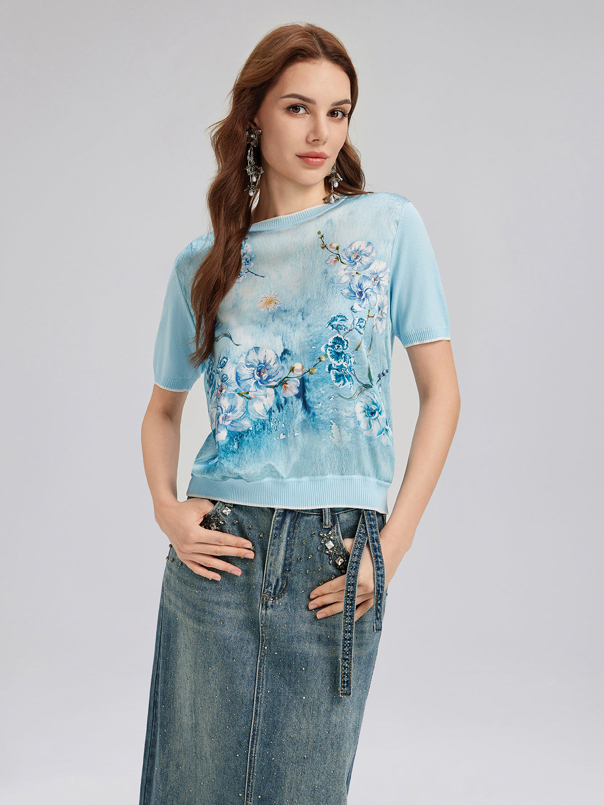 Silk Floral Knit Crew T-Shirt