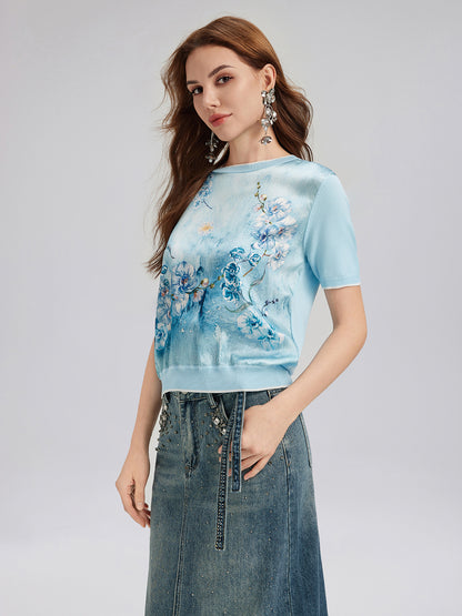 Silk Floral Knit Crew T-Shirt