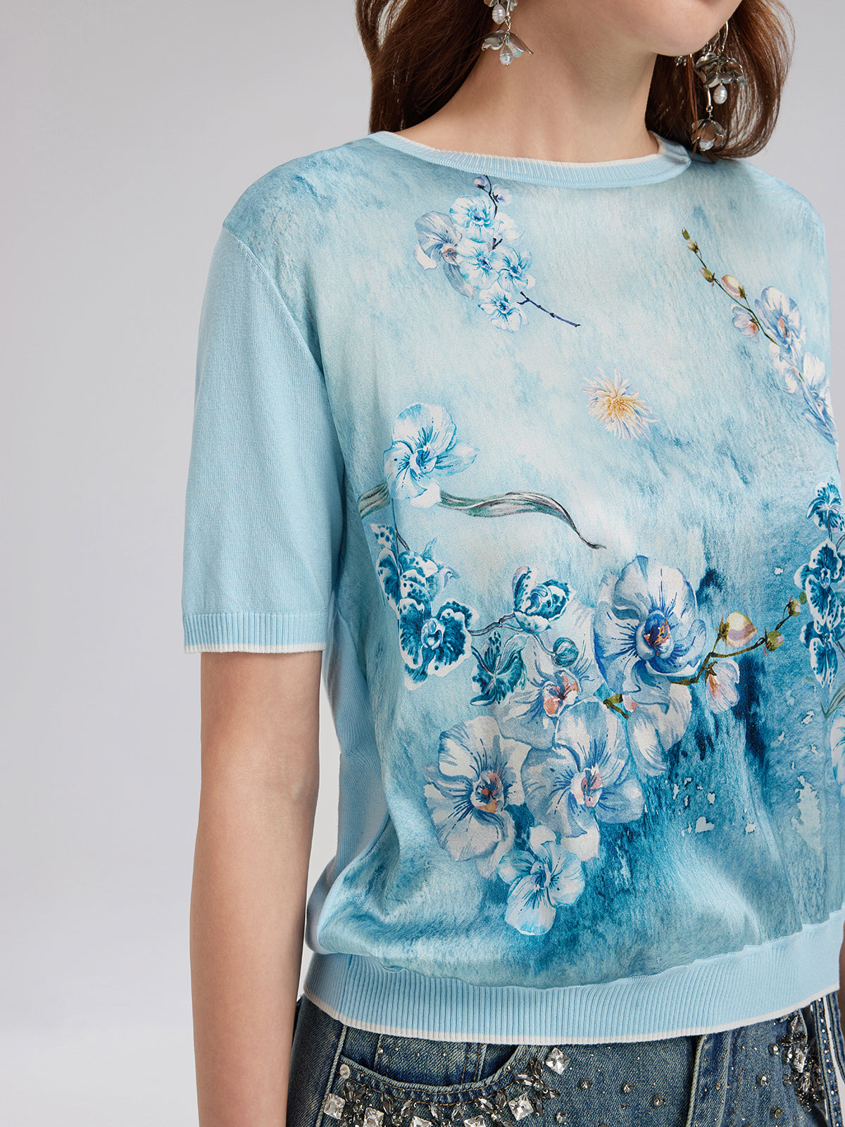 Silk Floral Knit Crew T-Shirt