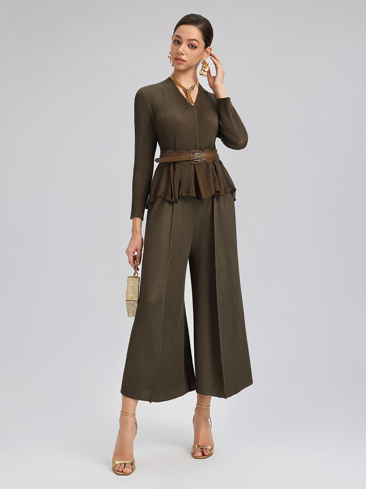 Pleated-Texture Elastic-Waist Wide-Leg Pants
