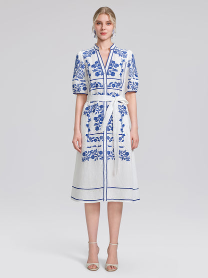 Linen Placement Embroidered Dress (Waist Tie Included)