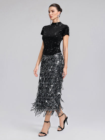 Rhinestoned Velvet Short-Sleeve Top