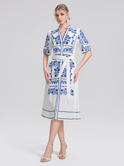 Linen Placement Embroidered Dress (Waist Tie Included)