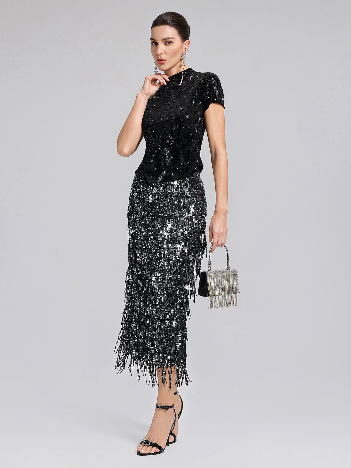 Rhinestoned Velvet Short-Sleeve Top