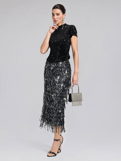 Rhinestoned Velvet Short-Sleeve Top