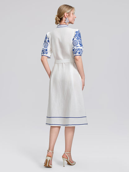 Linen Placement Embroidered Dress (Waist Tie Included)