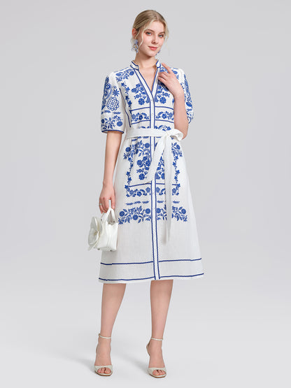 Linen Placement Embroidered Dress (Waist Tie Included)
