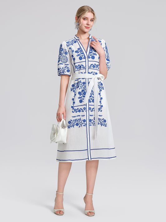 Linen Placement Embroidered Dress (Waist Tie Included)