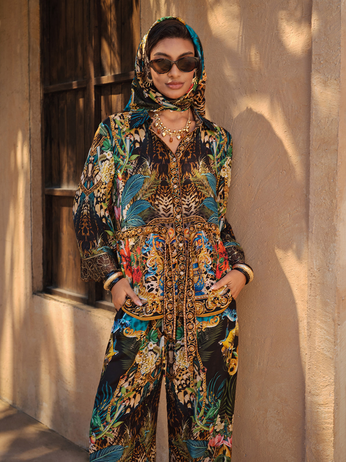 100% Silk Rhinestone Leopard Floral Shirt