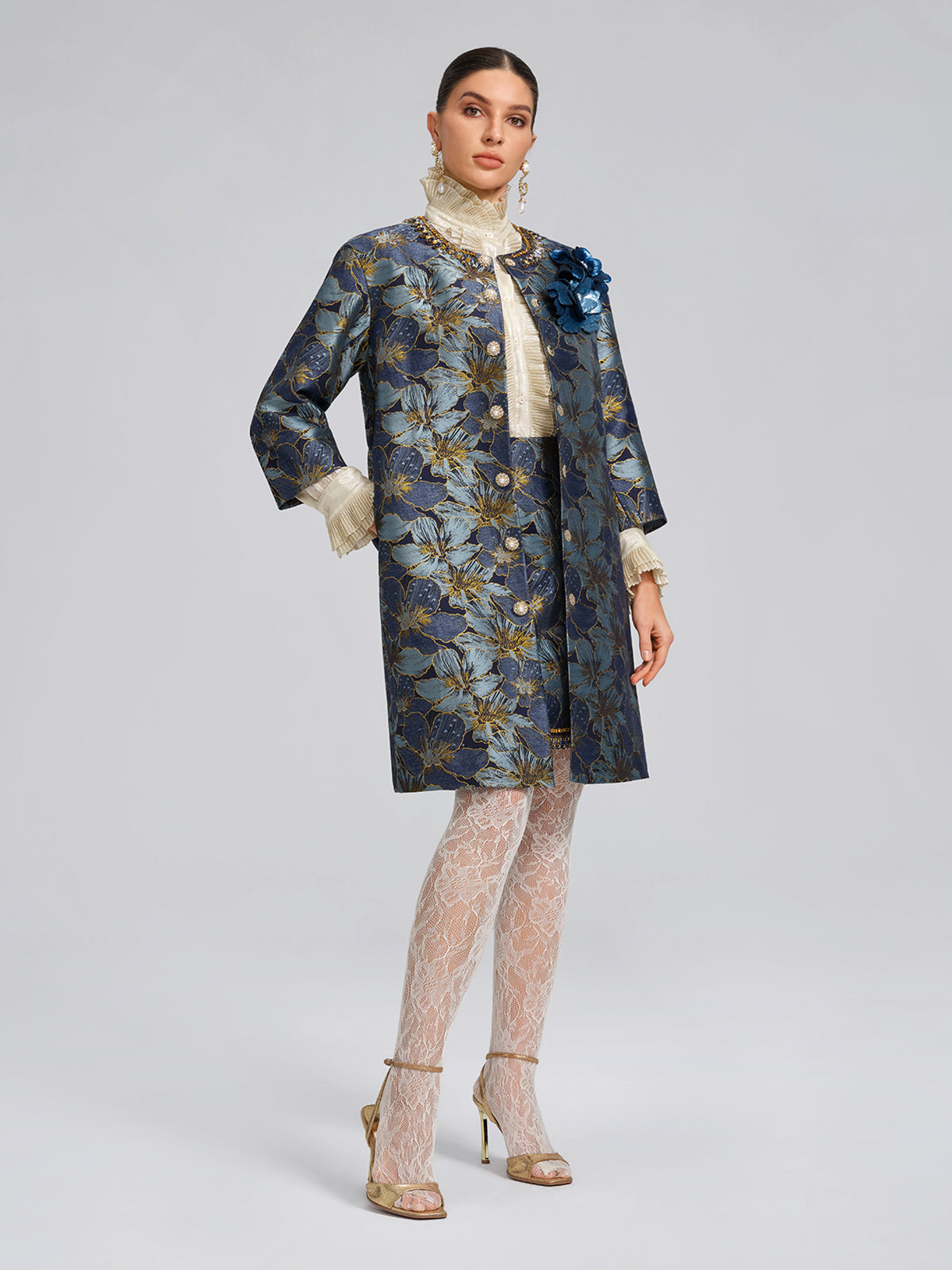 Hand-Sewn Crystal Floral Jacquard Jacket