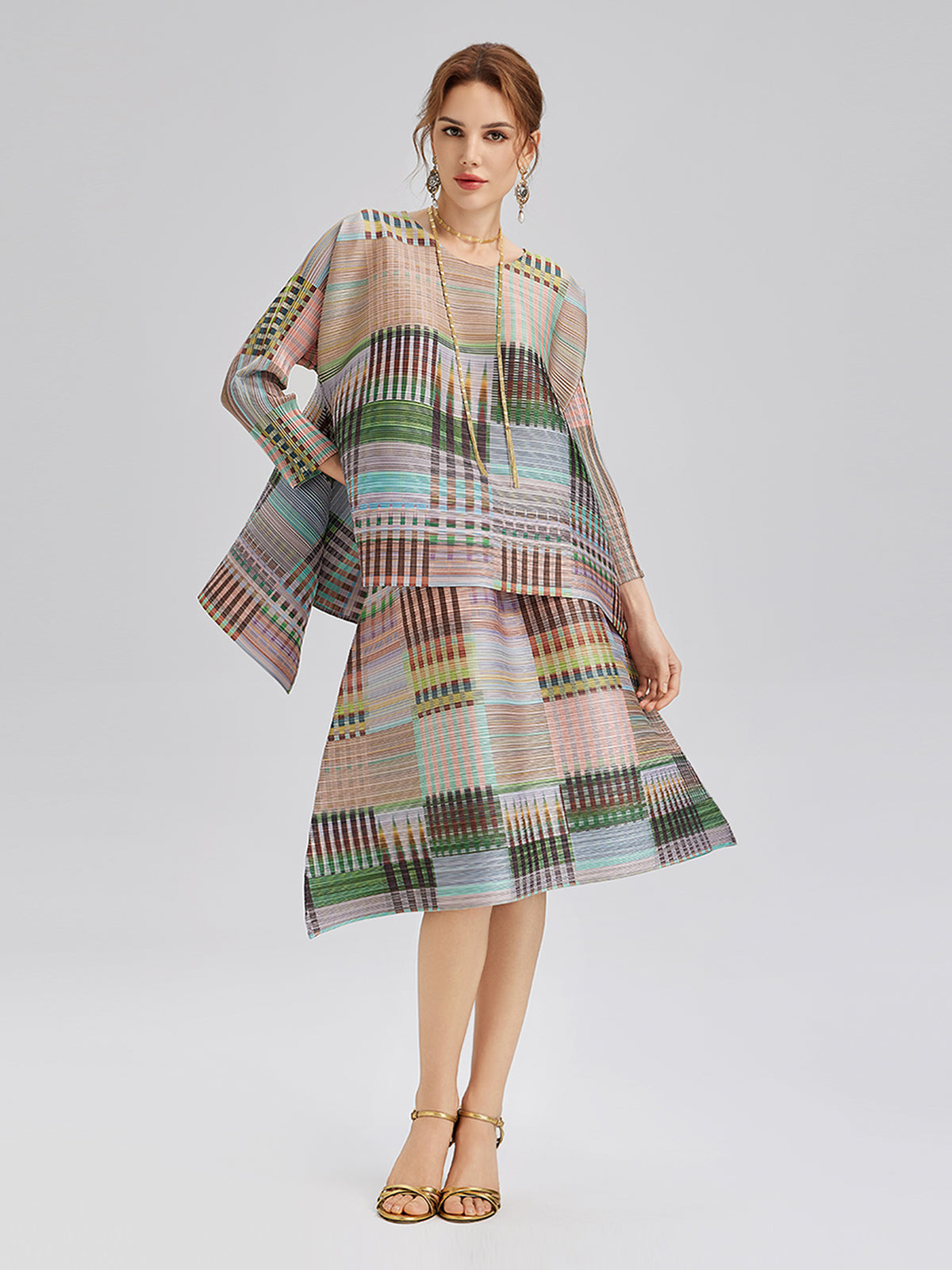 Geometric Print Pleated Elastic Waist Set