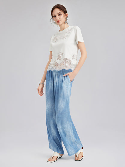 Gradient-Dyed Printed Denim Pants