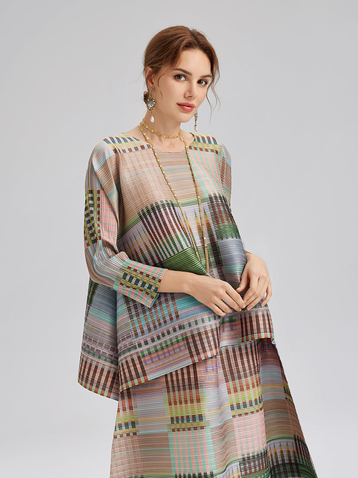 Geometric Print Pleated Elastic Waist Set